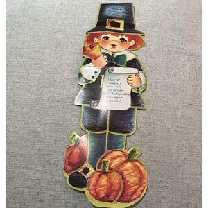 Greetings Inc Thanksgiving Pilgrim Huge Cardboard Cutout Card Vintage 1960s